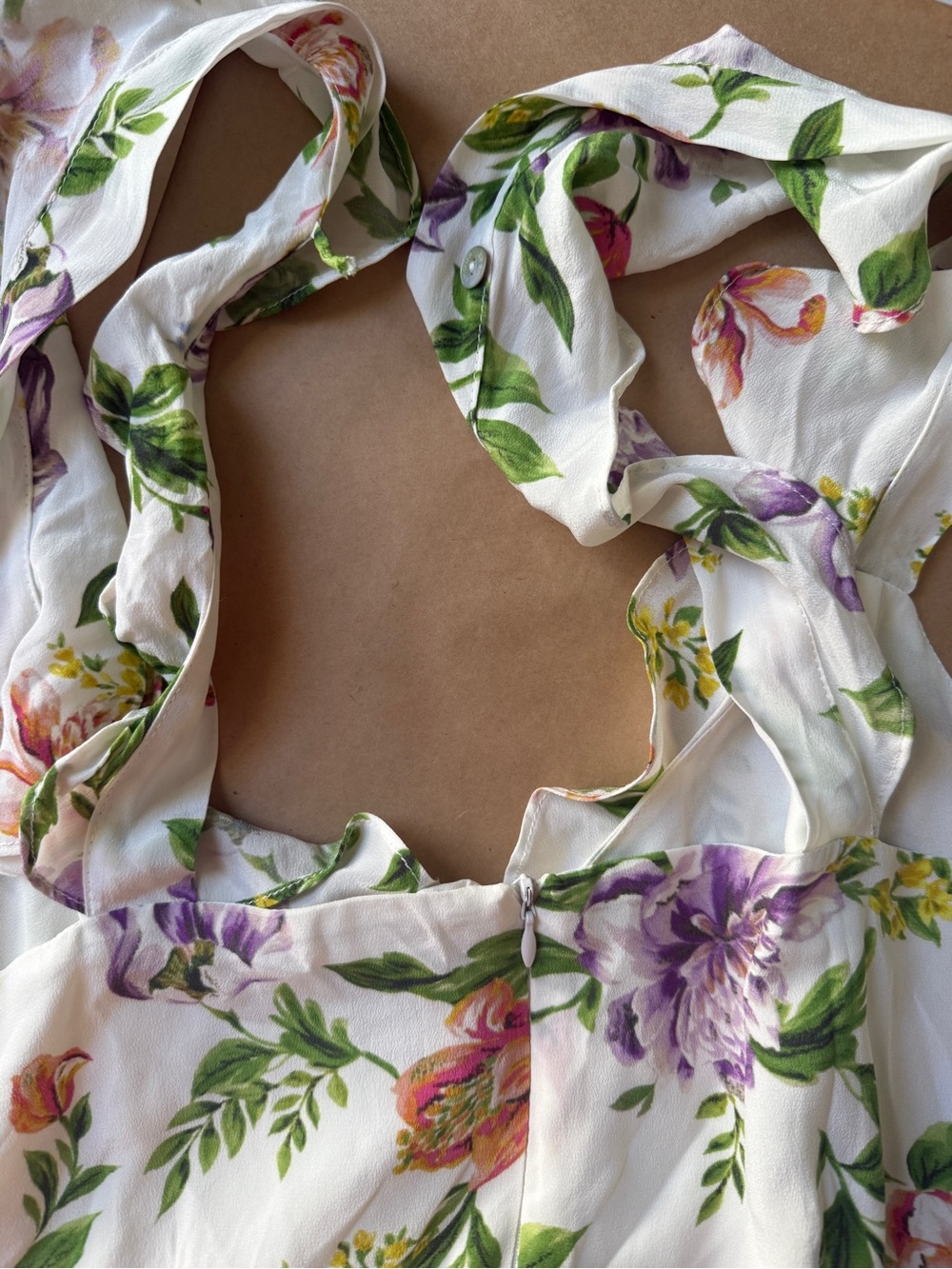 Amour‎ Vert Silk Floral Midi Dress Women's Large White Romantic Ruffle Sleeve - Picture 13 of 14